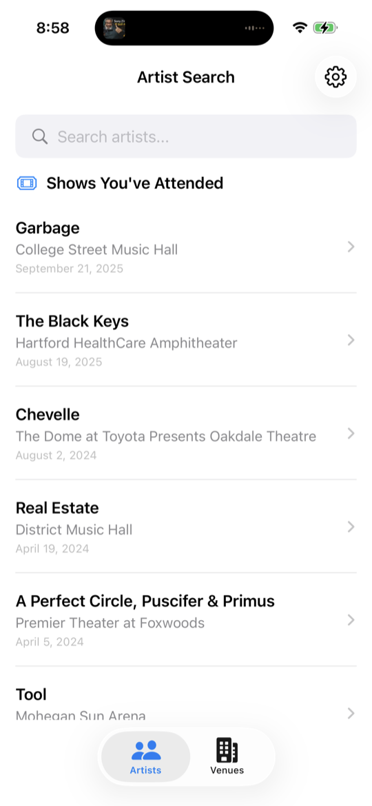 SetListr showing a list of concerts the user has attended