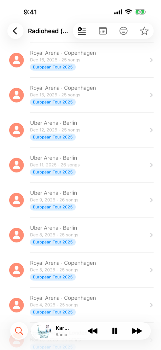 SetListr showing a list of Radiohead concerts with tour badges and dates
