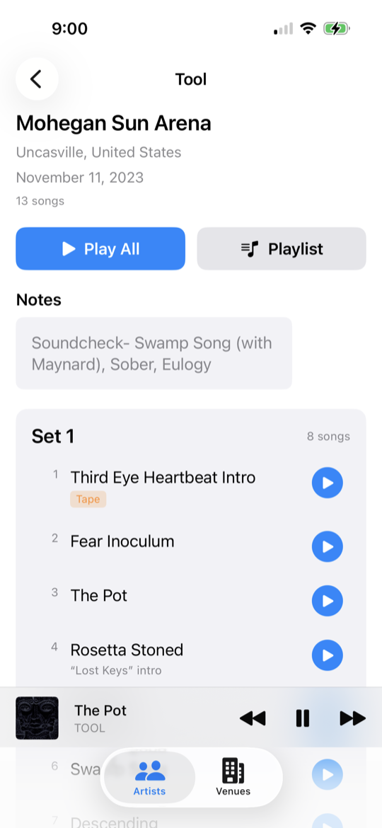 SetListr showing a Tool concert setlist with the music player active