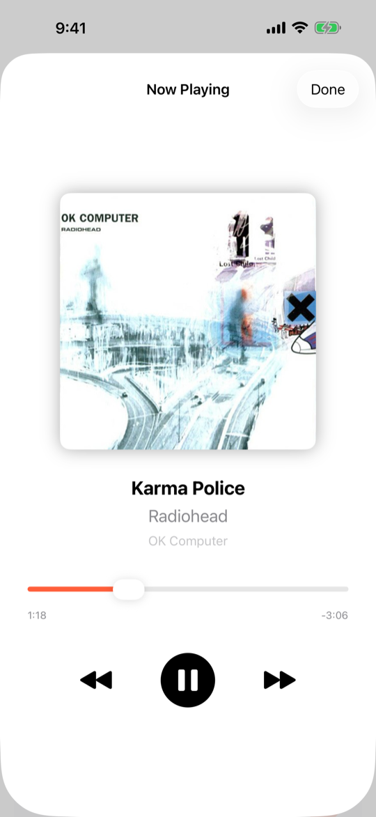 SetListr Now Playing view showing Karma Police by Radiohead